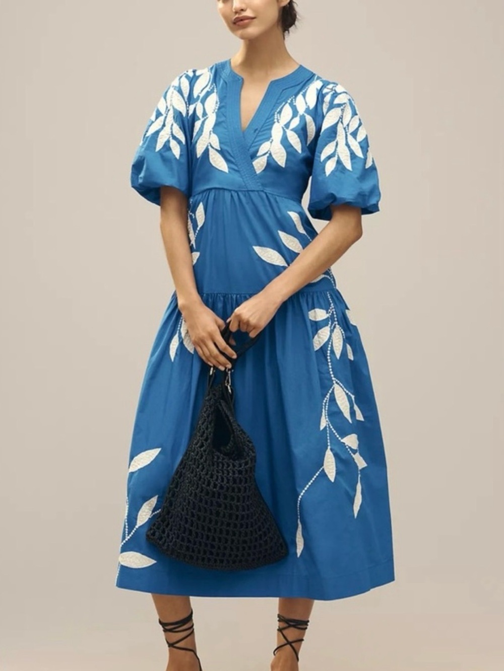 Anthropologie short-sleeved embroidered appliqué midi dress in royal blue